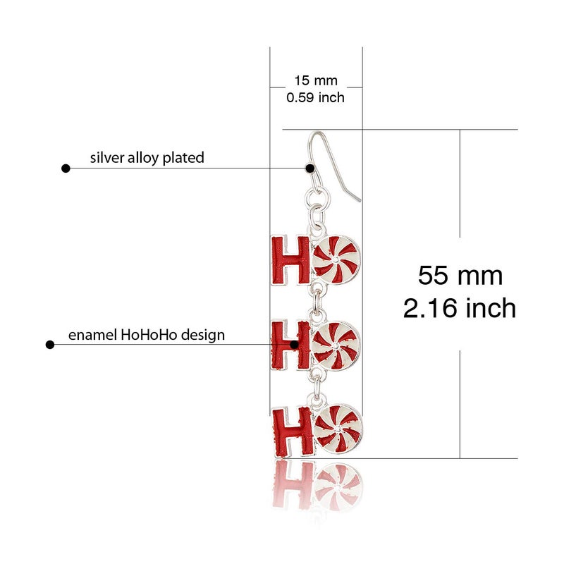 RareLove Christmas Cute HoHoHo Pierced Dangle Earrings Red Candy Cane Color Silver Plated Alloy Holiday For Women - Image 2